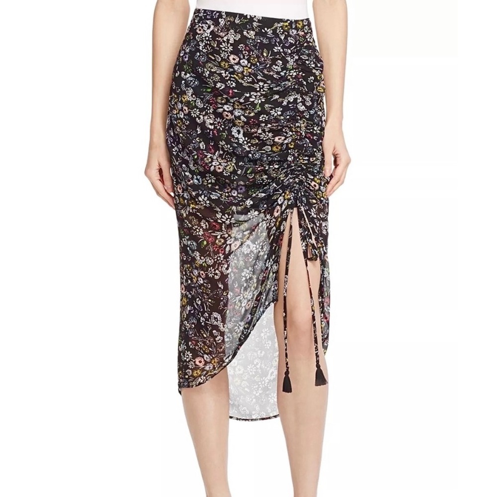 Rebecca Minkoff Romy Garden Floral Ruched Drawstring Tassel Midi Skirt‎ Size 6